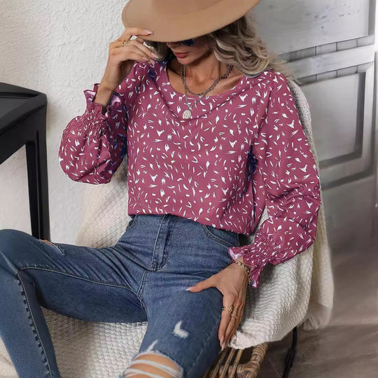 Damen elegante Bluse mit raffinierten Puffärmeln und zartem Muster EB