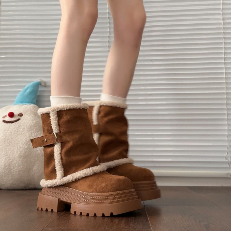 Damen kuschelige Winterstiefel mit modischer Schnallenverzierung EB