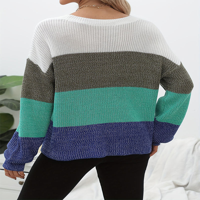 Damen lässiger Strickpullover mit modischem Farbmix und weitem Schnitt EB