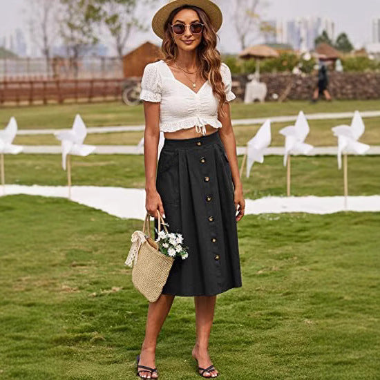 Damen Midi-Rock mit Knopfleiste und praktischen Taschen EB