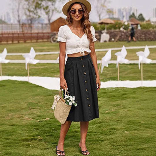 Damen Midi-Rock mit Knopfleiste und praktischen Taschen EB