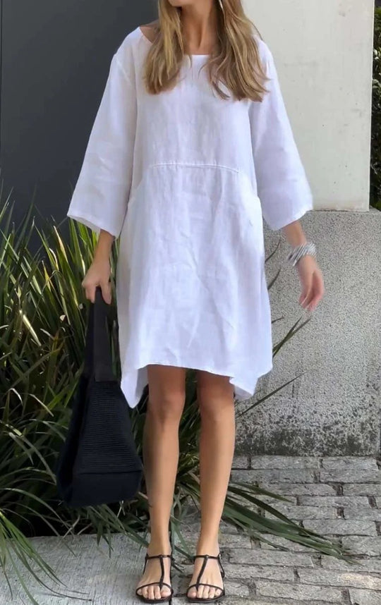 Damen lässiges Leinenkleid mit praktischen Taschen und asymmetrischem Saum EB