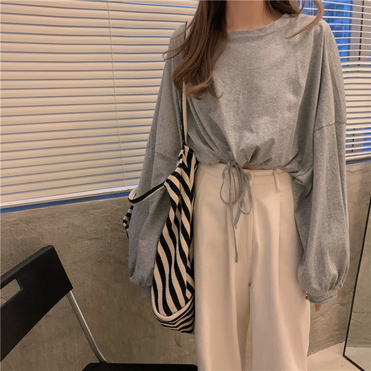 Damen Cropped Sweatshirt mit innovativem Kordelzug und oversized Ärmeln EB