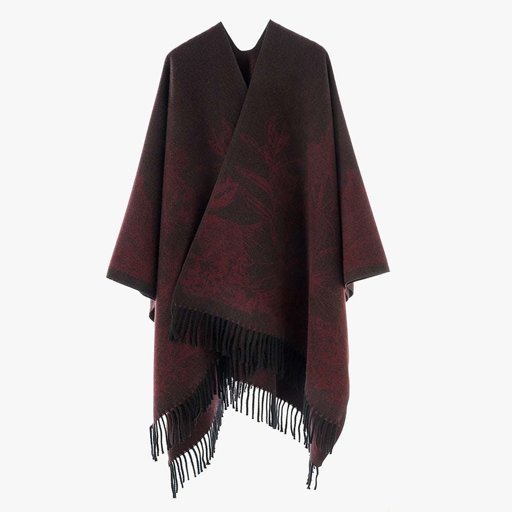 Damen Fließender Capeponcho im Kimono‑Schnitt mit feinem Blumenjacquard und Fransensaum EB
