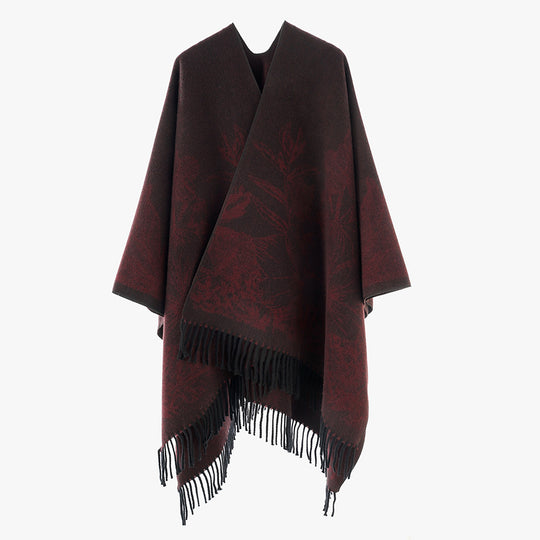 Damen Fließender Capeponcho im Kimono‑Schnitt mit feinem Blumenjacquard und Fransensaum EB