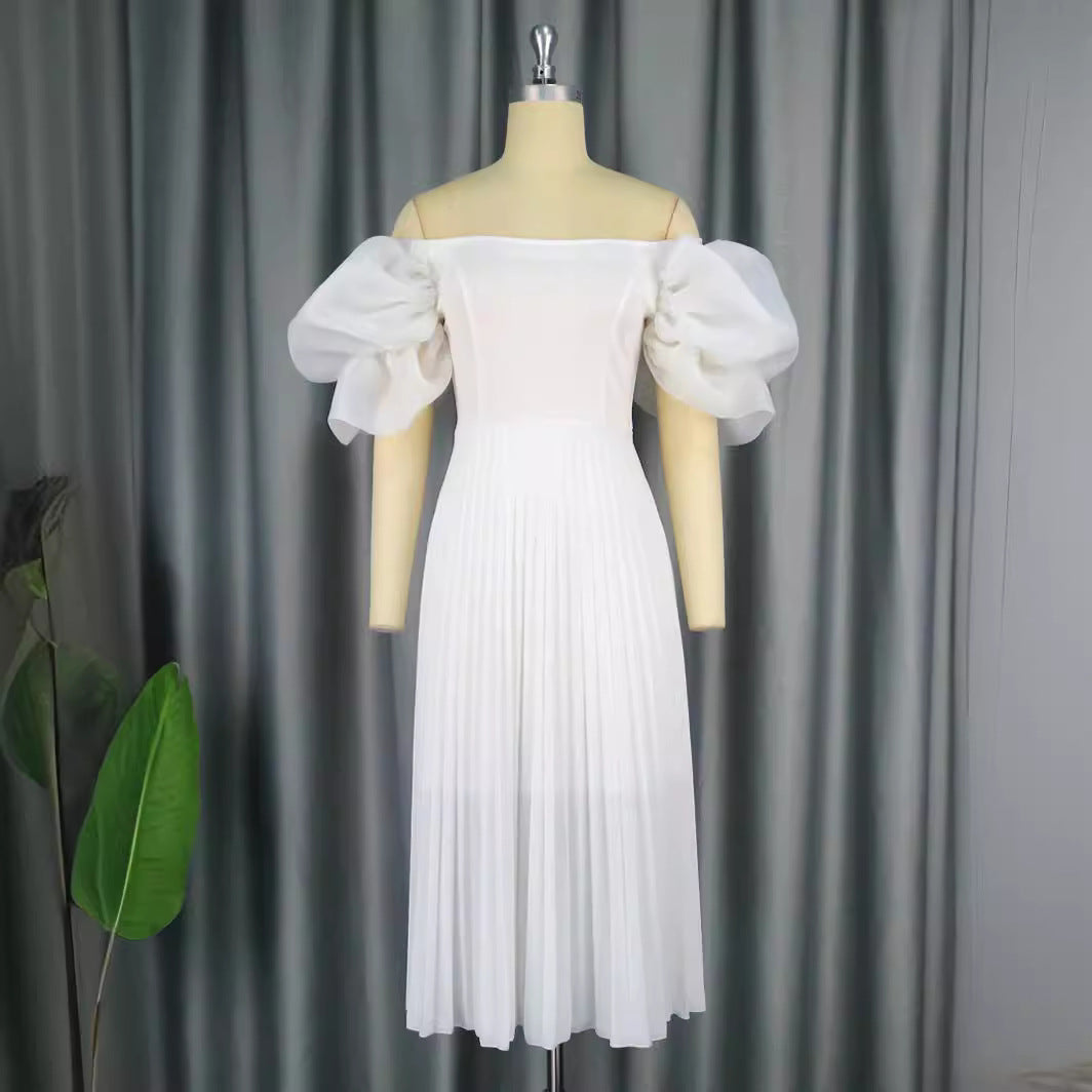 Damen elegantes Midikleid mit Puffärmeln und plissiertem Rock EB
