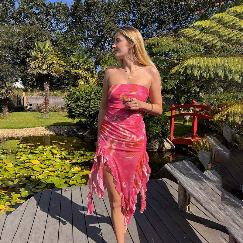 Damen elegantes Rüschenkleid mit trägerlosem Oberteil und asymmetrischem Saum EB