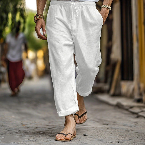Herren nan lässige Leinen-Joggerhose mit elastischem Tunnelzugbund, seitlichen Eingrifftaschen und aufrollbarem Saum EB