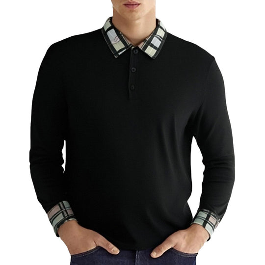 Herren nan figurbetontes Langarm-Poloshirt mit karierter Kragen- und Manschettenbesatz EB