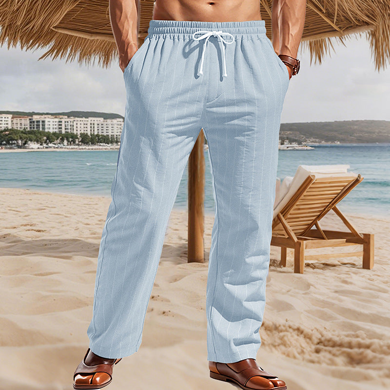 Herren Maritime Leinenoptik-Freizeithose mit Nadelstreifen elastischem Bund und seitlichen Eingrifftaschen EB