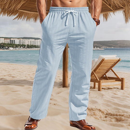 Herren Maritime Leinenoptik-Freizeithose mit Nadelstreifen elastischem Bund und seitlichen Eingrifftaschen EB