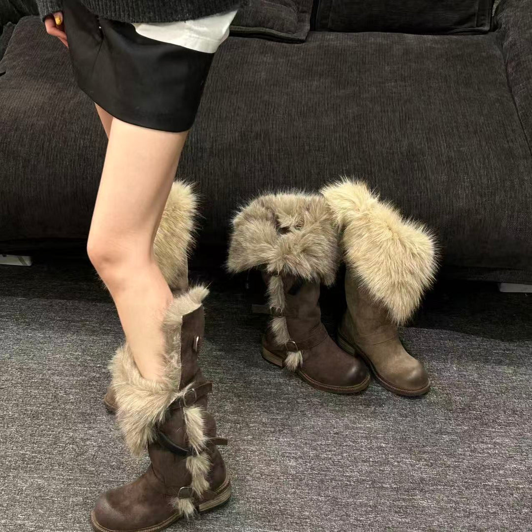 Damen Winterstiefel mit flauschigem Kunstfellkragen und modischen Schnallen EB