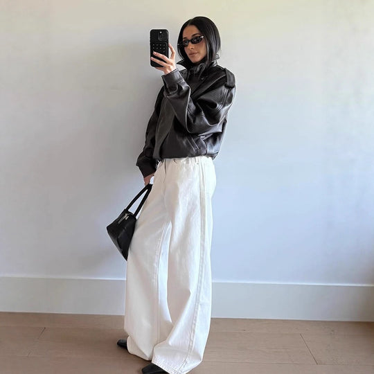 Damen Oversized Kunstlederjacke mit hohem Kragen und voluminösen Ärmeln EB