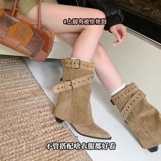 Damen Stiefeletten mit modischem Riemen und elegantem Blockabsatz EB