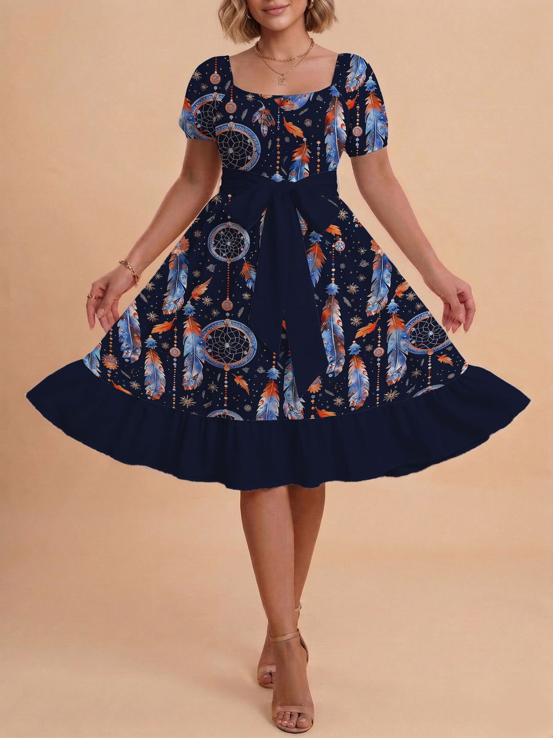 Damen Midikleid mit verspieltem Druck und tailliertem Schnitt EB