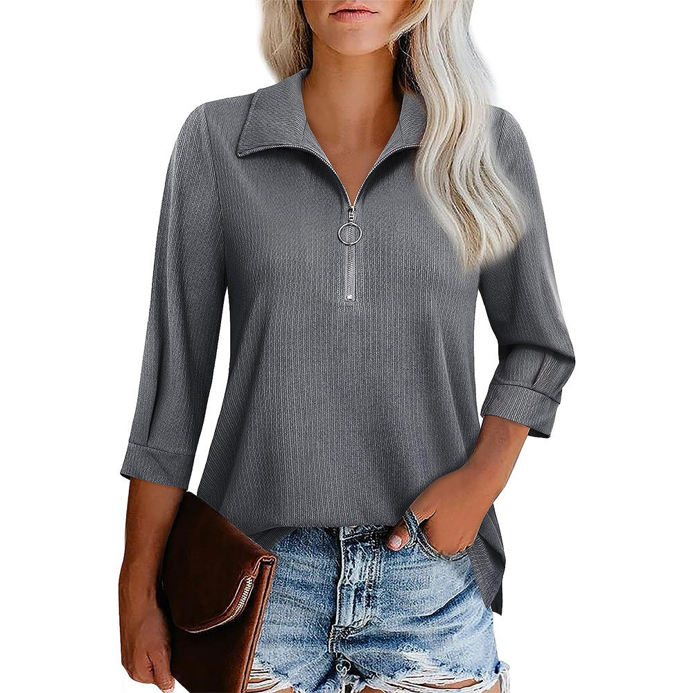 Damen nan lässige Bluse mit Reißverschlusskragen dreiviertelärmel und ausgestelltem Saum EB