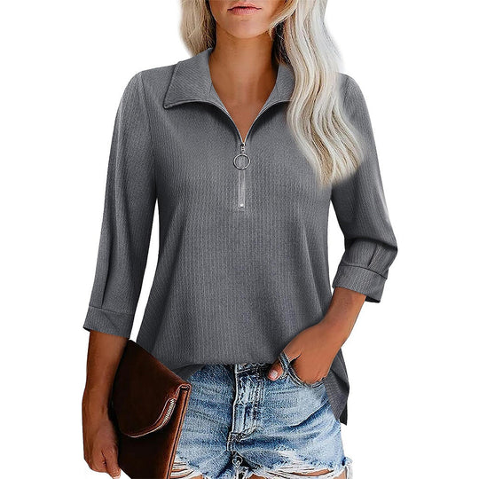 Damen nan lässige Bluse mit Reißverschlusskragen dreiviertelärmel und ausgestelltem Saum EB