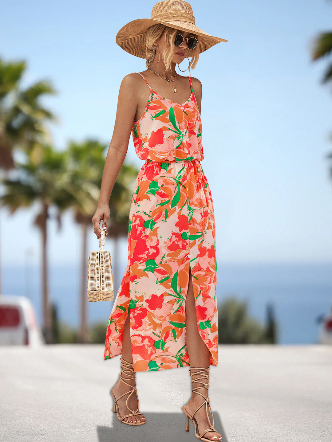 Damen Maxikleid mit floralem Design und elastischem Taillenbund EB