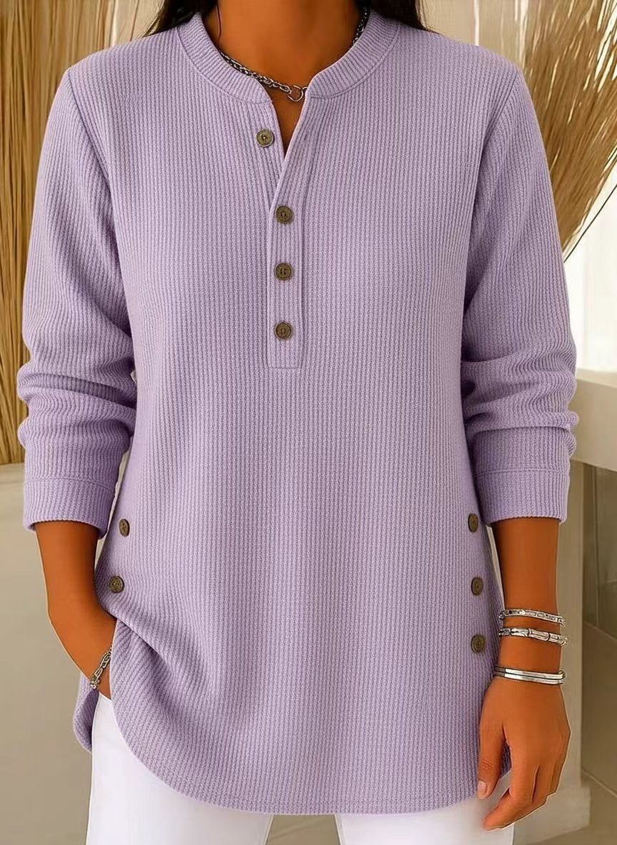 Damen nan plissee Tunika-Bluse mit Stehkragen, Knopfleiste und seitlichen Zierknöpfen EB