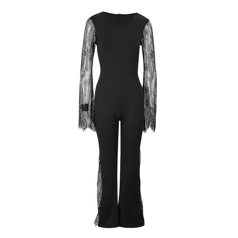 Damen Eleganter Jumpsuit mit schimmernder Spitze und weitem Bein EB
