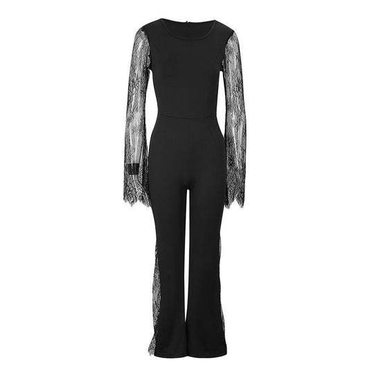 Damen Eleganter Jumpsuit mit schimmernder Spitze und weitem Bein EB
