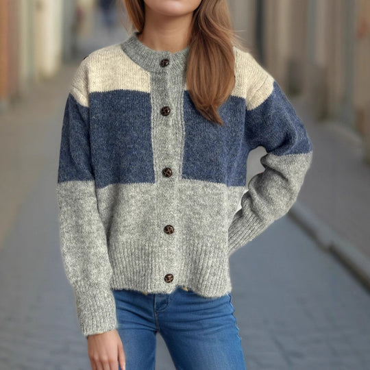 Damen Strickjacke mit knöpfbarem Design und modernen Farbschnitten EB