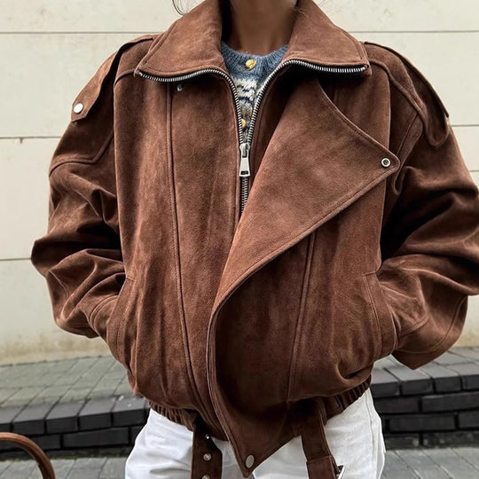 Damen modische Wildlederjacke im oversized Schnitt mit edlen Details EB
