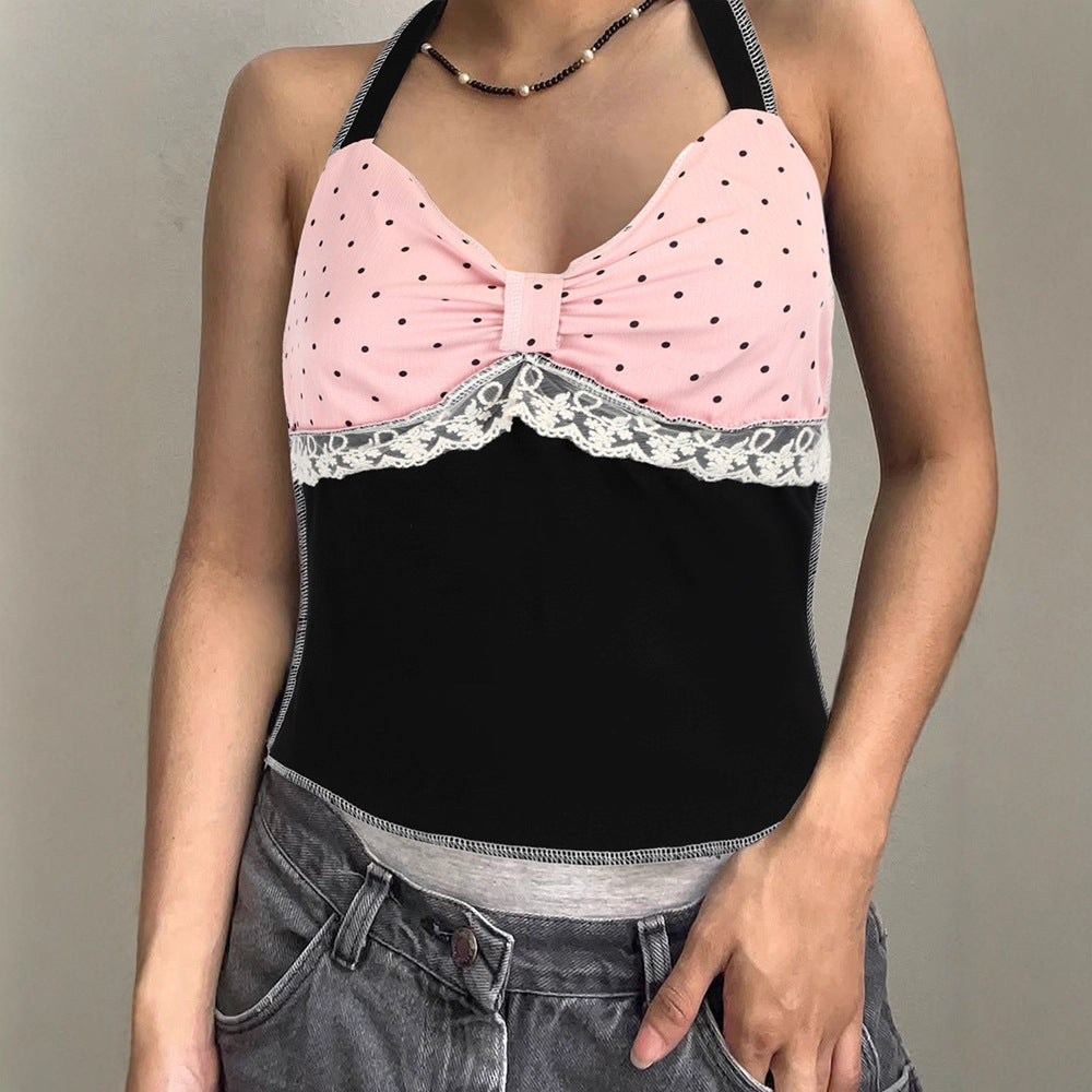 Damen Haltertop mit romantischem Spitzendetail und elegantem Polka-Dot-Muster EB