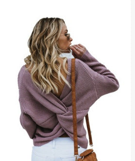 Damen Strickpullover mit einzigartigem Rückendesign und tiefem V-Ausschnitt EB