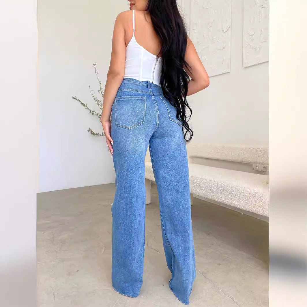 Damen Weit geschnittene Jeans mit distressed Details und hohem Bund EB