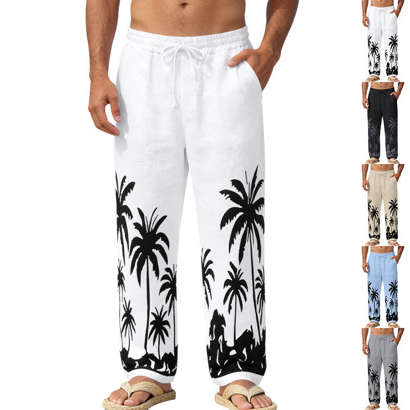 Herren Leinenoptik-Strandhose mit Palmenprint Relaxed-Fit und Kordelzug EB