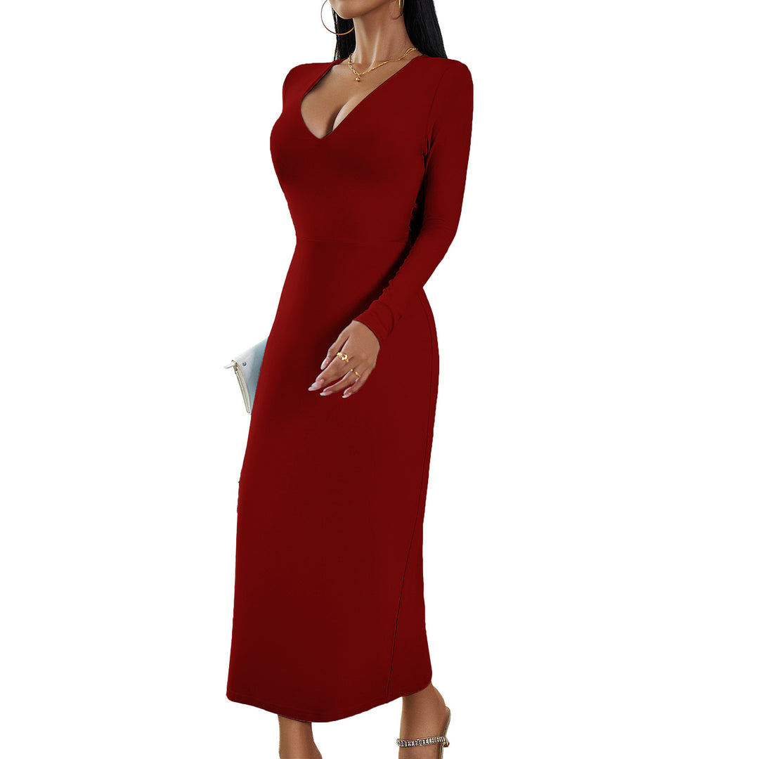 Damen nan elegant geschnittenes Bodycon-Midikleid mit tiefem V‑Ausschnitt und taillenbildender Naht EB
