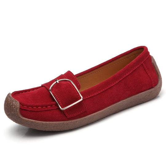 Damen nan Mokassin-Slipper aus Veloursleder mit dekorativer Metallschnalle, gepolstertem Fußbett und rutschfester Gummilaufsohle EB