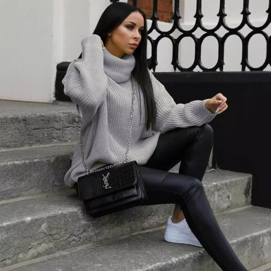 Damen Oversized-Strickpullover mit hohem Kragen und lässigem Schnitt EB