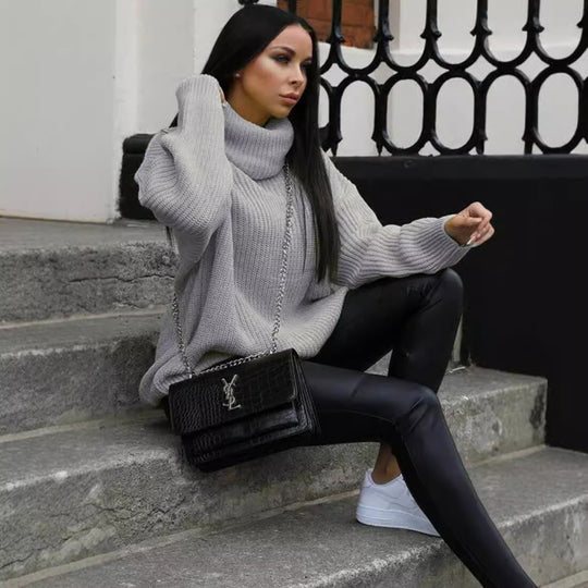 Damen Oversized-Strickpullover mit hohem Kragen und lässigem Schnitt EB