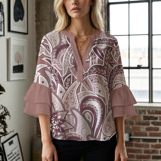 Damen Bluse mit voluminösen Rüschenärmeln und kreativem Floraldesign EB
