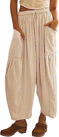 Damen nan weite Palazzohose aus leichtem Leinenmix mit Tunnelzug und seitlicher Tasche EB