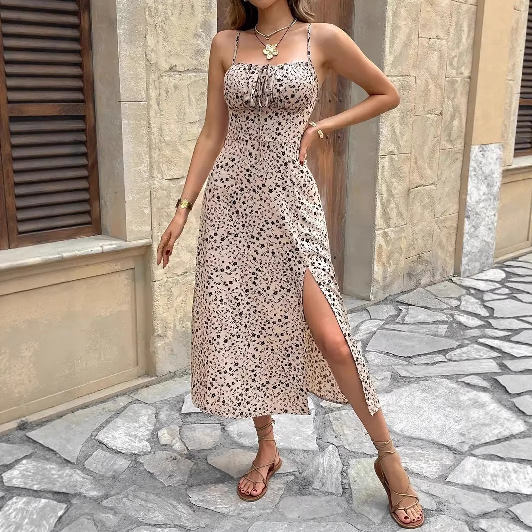 Damen sommerliches Maxikleid mit verstellbaren Spaghettiträgern und seitlichem Schlitz EB