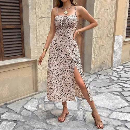 Damen sommerliches Maxikleid mit verstellbaren Spaghettiträgern und seitlichem Schlitz EB