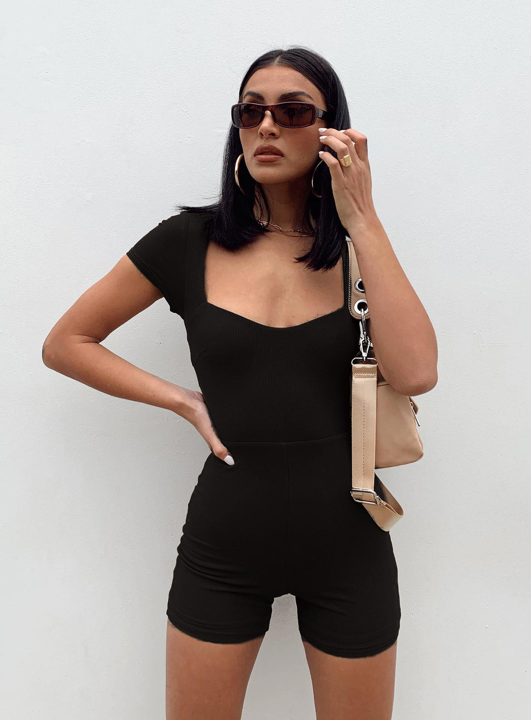 Damen figurbetonter Jumpsuit mit Quadrat-Ausschnitt und kurzem Arm EB