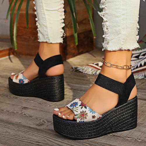 Damen Wedge-Sandalen mit floralem Design und elastischen Riemen EB