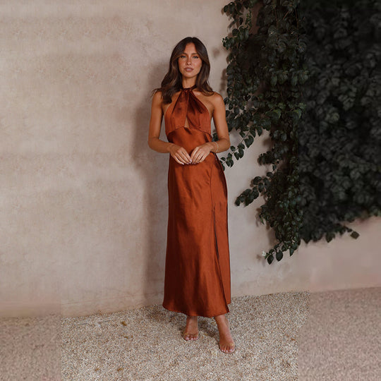 Damen Elegantes Wickelmaxikleid im Halterneck-Stil mit seitlichem Schlitz und Taillengürtel EB