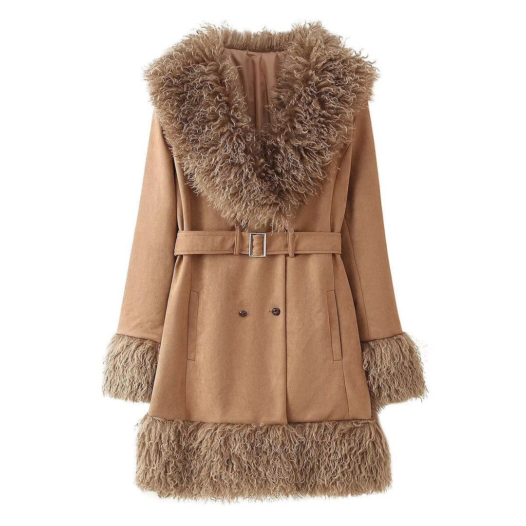 Damen Elegante Teddyjacke mit Taillengürtel und voluminösem Kragen EB