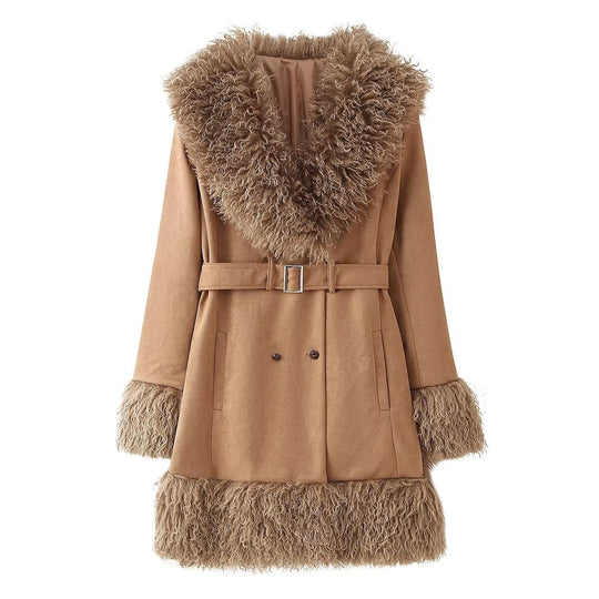 Damen Elegante Teddyjacke mit Taillengürtel und voluminösem Kragen EB