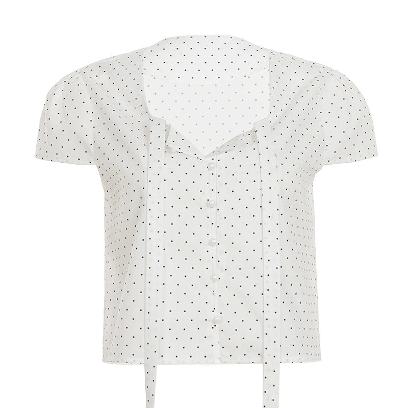 Damen Kurzarmbluse mit zartem Punktmuster und nostalgischem Design EB
