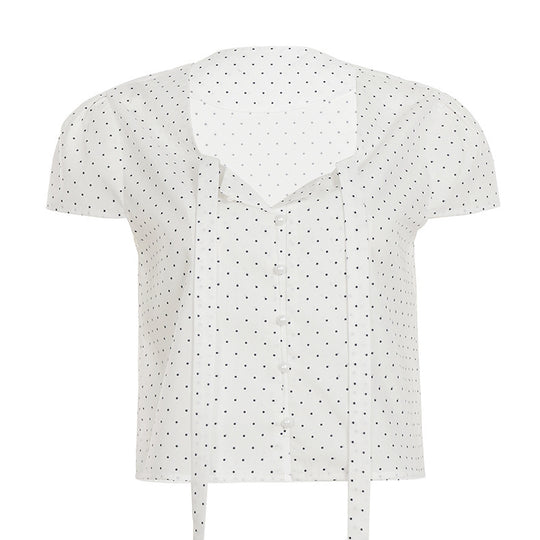 Damen Kurzarmbluse mit zartem Punktmuster und nostalgischem Design EB