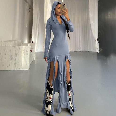 Damen Langarm Maxikleid mit Kapuze und Rüschendetails EB