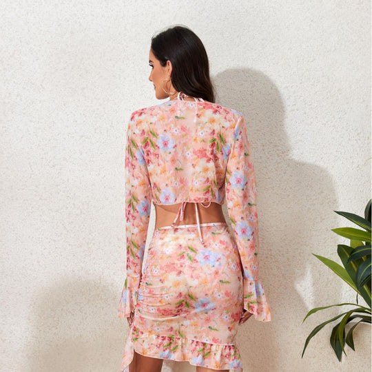 Damen Badeset mit floralem Design, kurzem Oberteil und Wickelrock EB