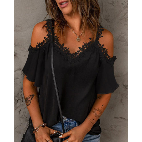 Damen Cold-Shoulder Spitzenbesatz Oberteil EB
