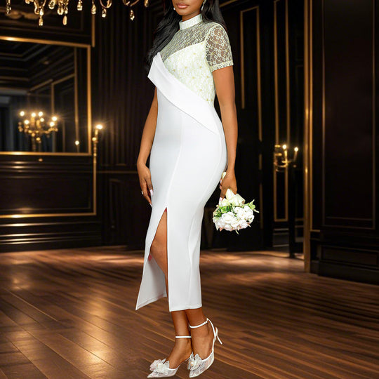 Damen Elegantes Abendkleid mit Spitzeneinsatz und asymmetrischem Schnitt EB